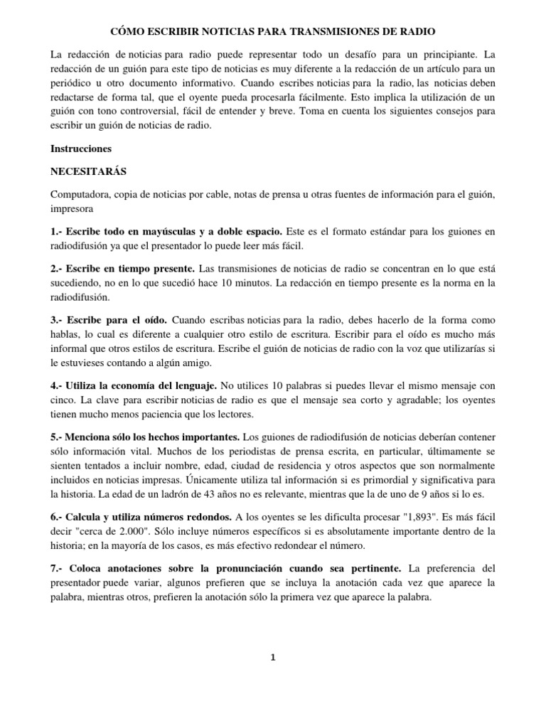 Cómo Escribir Noticias para Transmisiones de Radio PDF Radio Escritura