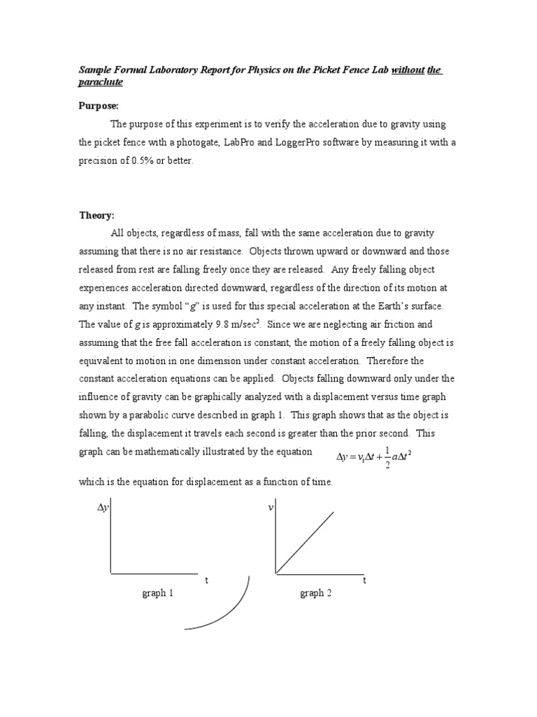Sampsample Formal Laboratory Report For Physics On The Picket Fence Lab Without The Parachutele Formal Lab Report Acceleration Gravity