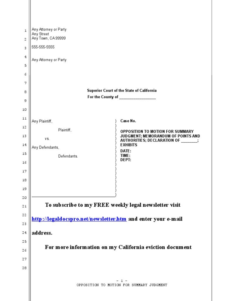 Sample Opposition To Motion For Summary Judgment in California Eviction ...