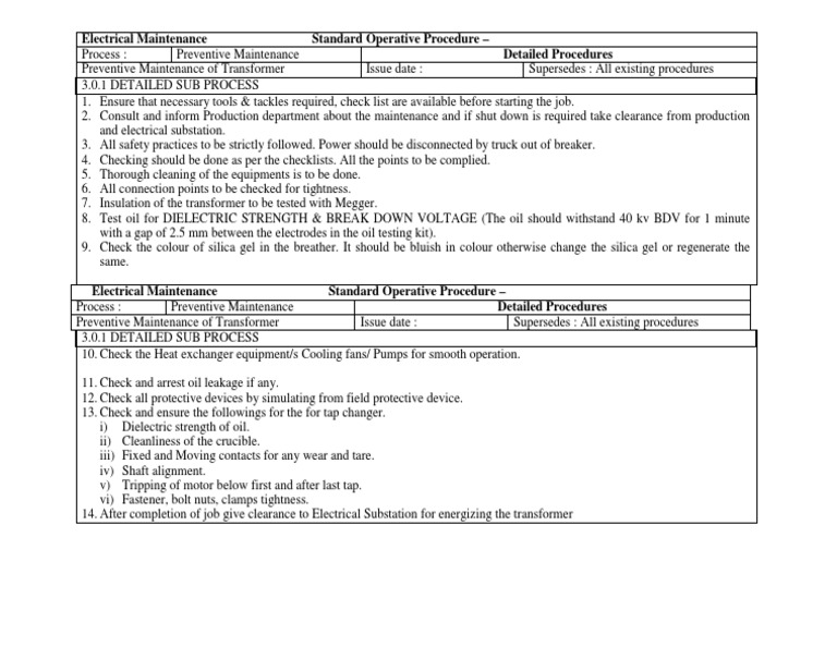 Electrical Maintenance Standard Operative Procedure - Detailed ...
