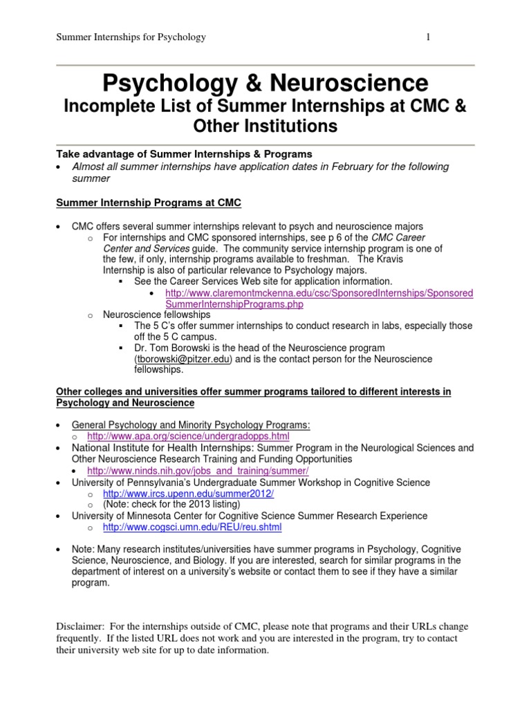 Psychology and Neuroscience Summer Internships 2012 PDF Internship