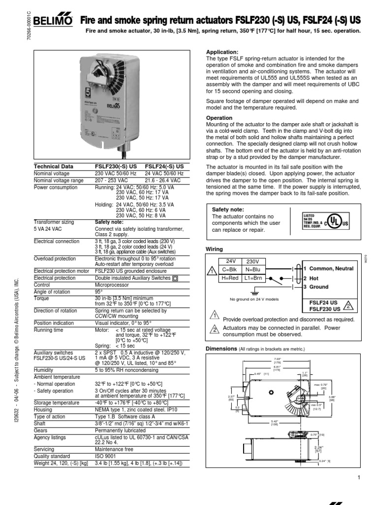 Fire and Smoke Spring Return Actuators FSLF230 (-S) US, FSLF24 (-S) US ...