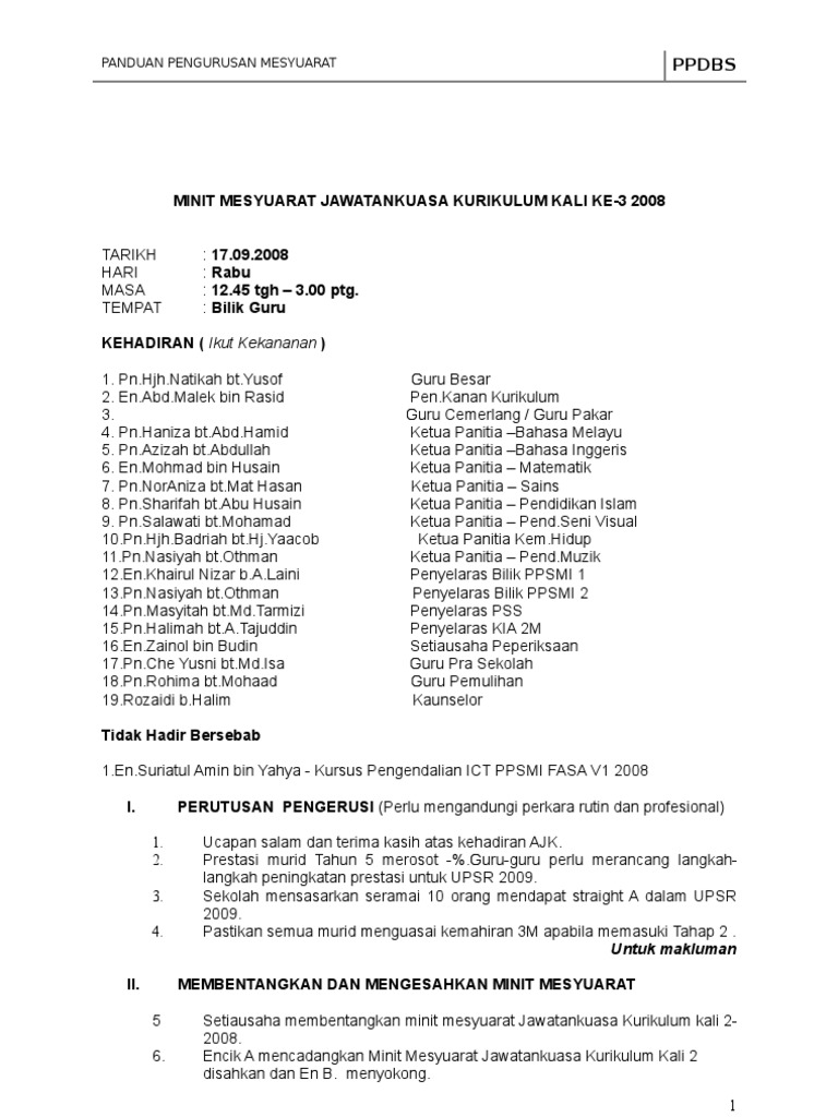 contoh minit curai mesyuarat