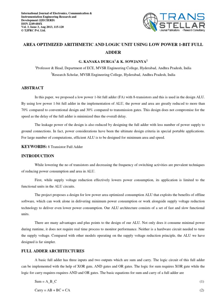 Area Optimized Arithmetic and Logic Unit Using Low Power 1-Bit Full ...