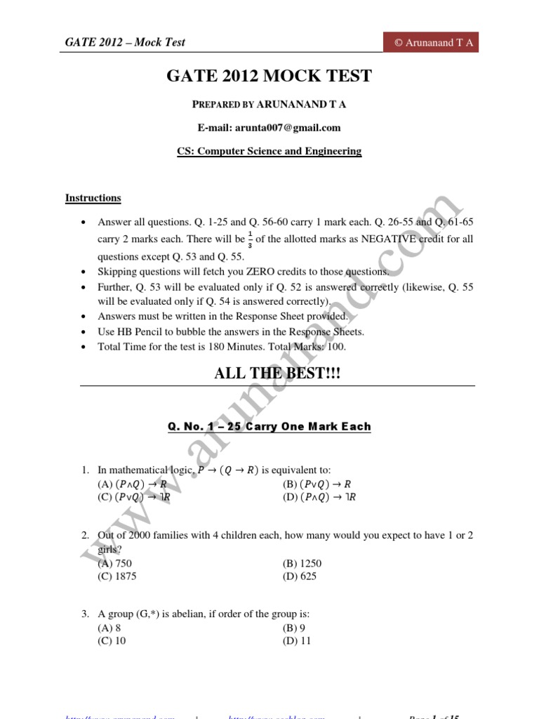 Gate 2012 Mock Test - Question Paper-For My Blog | PDF | Computer Data ...