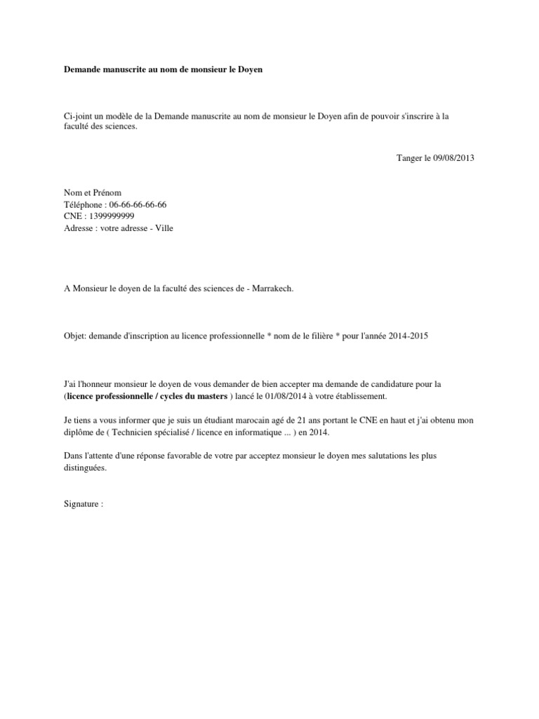 Lettre De Motivation Inscription Université Licence  Template Exemple