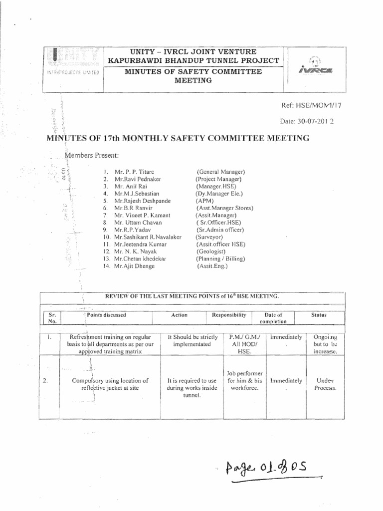 Minutes of the Monthly Safety Committee Meeting at the UnityIVRCL