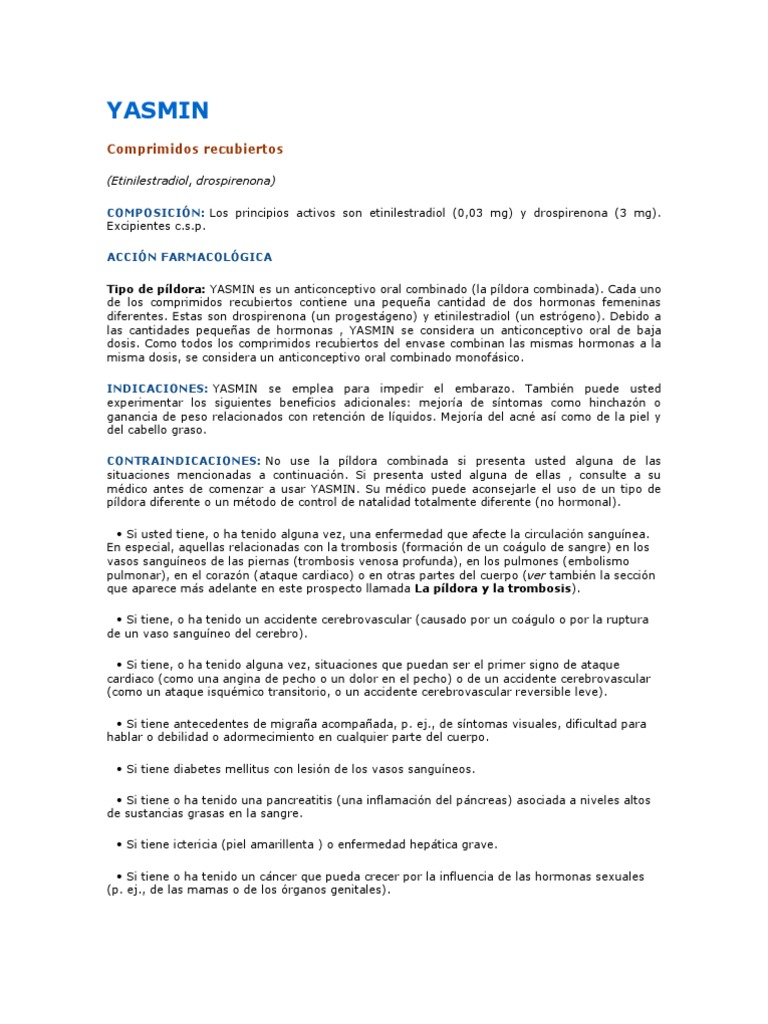 YASMIN Anticonceptivo | PDF | Píldora anticonceptiva oral combinada ...