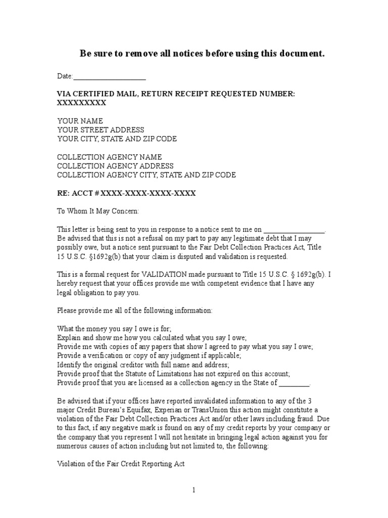 Sample Debt Validation Letter To Collection Agency  PDF  Credit