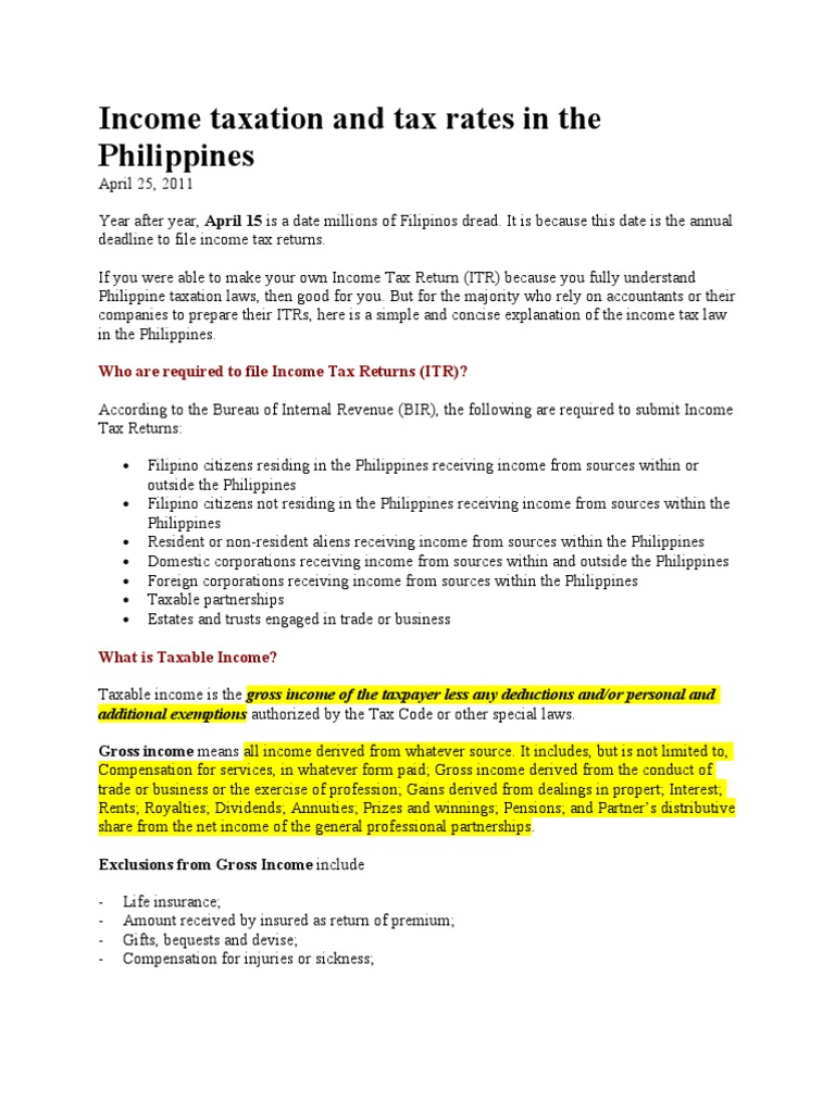 Philippine Income Tax Overview | PDF | Taxation In The United States ...