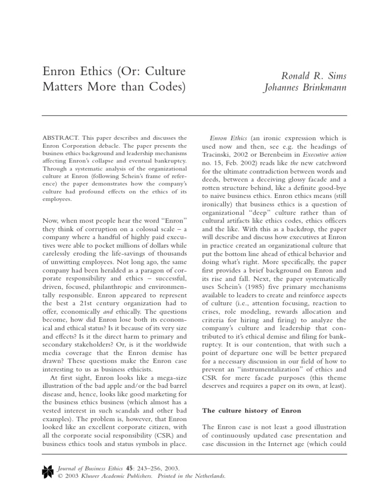 Enron s organizational culture essay example picture