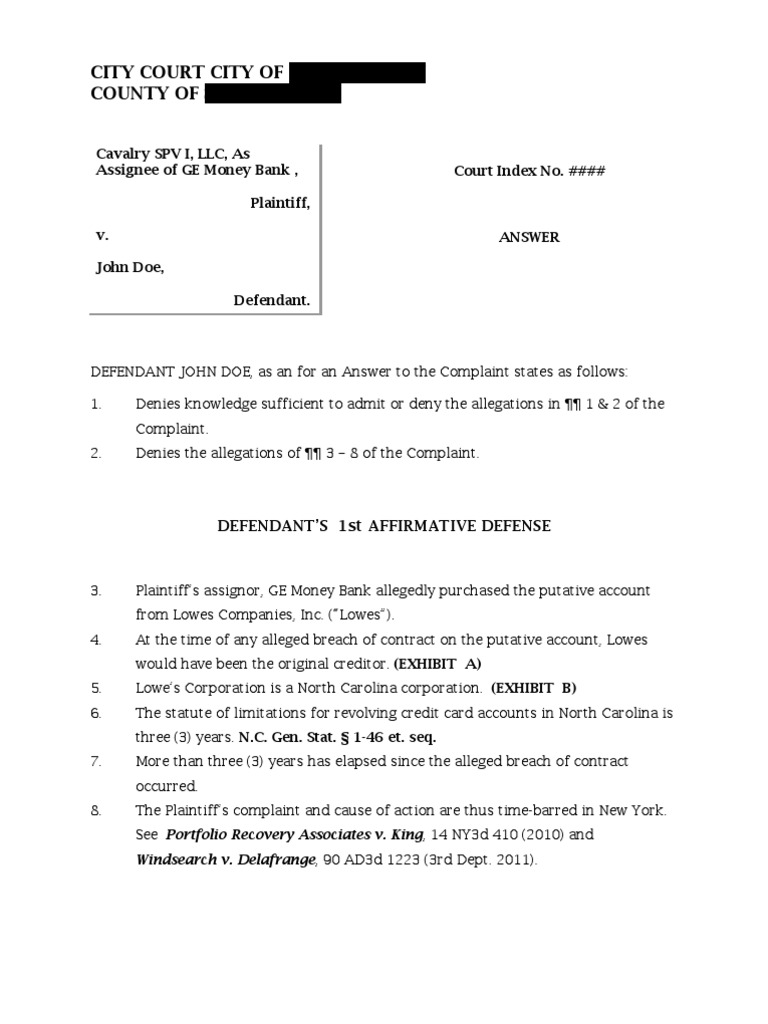 Credit Card Case Answer to the Complaint Affirmative Defense
