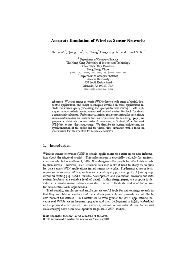 Accurate Emulation of Wireless Sensor Networks | PDF | Wireless Sensor ...