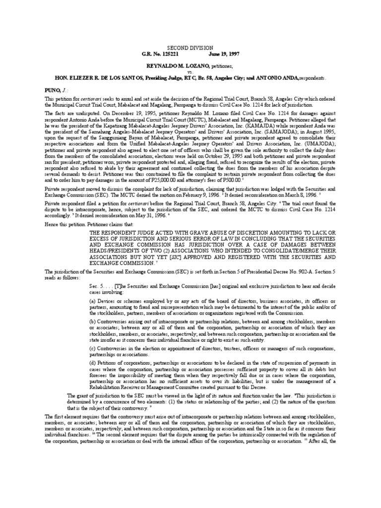 Reynaldo Lozano v. Hon. Eliezer de Los Santos PDF Jurisdiction