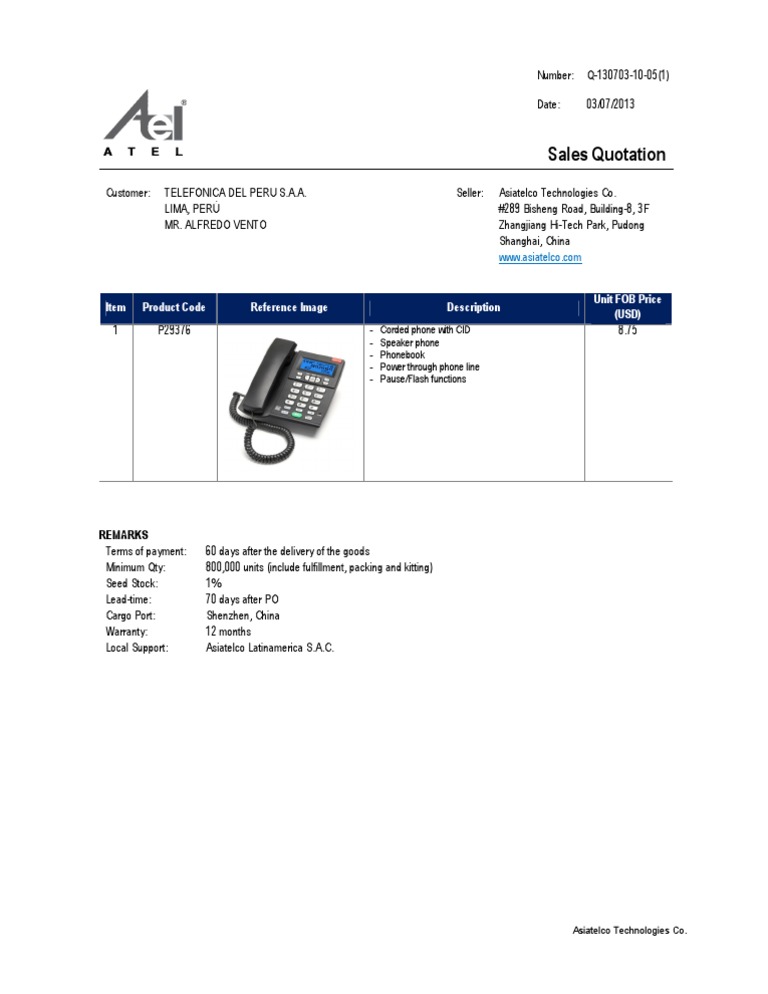 Asiatelco Sales Quotation for Telefonica | PDF
