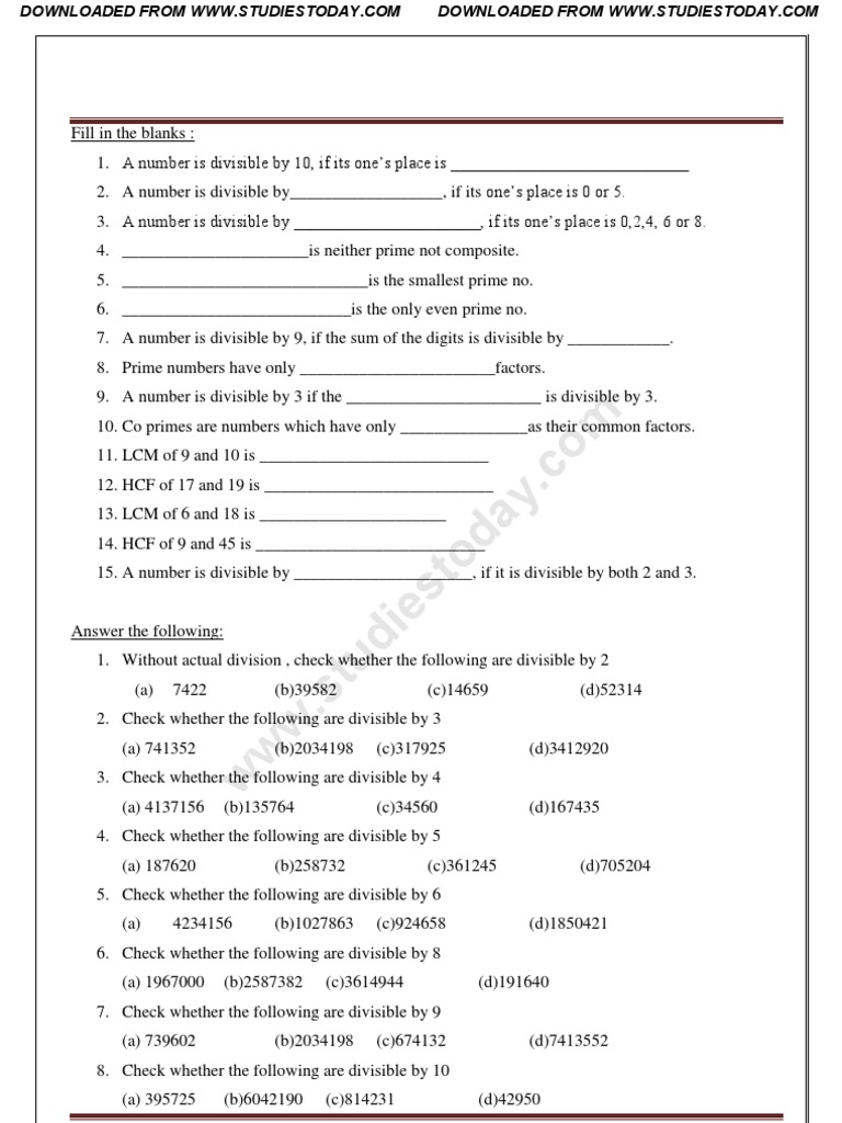 worksheet Divisibility Test Worksheet cbse class 5 maths revision worksheets 1 fraction mathematics circle