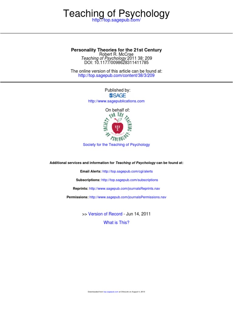 Personality Theories For The 21st Century Teaching of Psychology 2011 ...