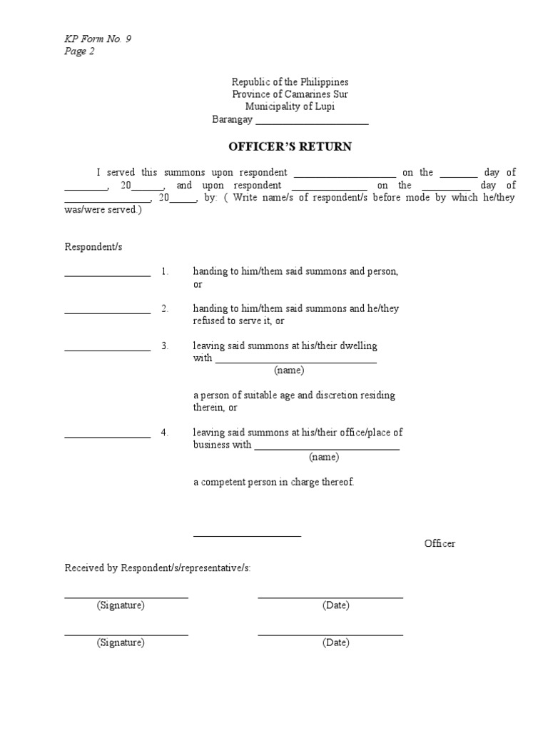 Return of Service: Summons Served in Barangay Lupi, Camarines Sur | PDF