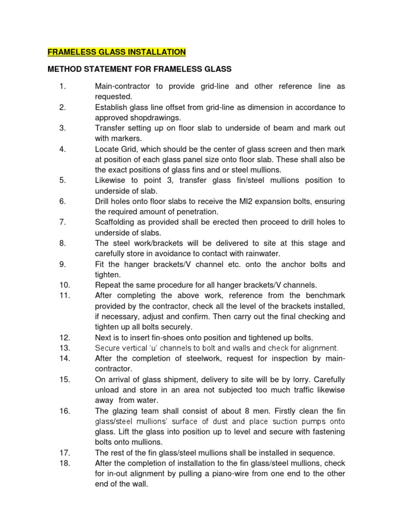 Frameless Glass Installation Method Statement | PDF | Scaffolding ...
