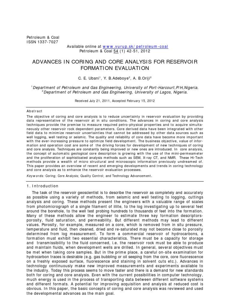 Sidewall Core Petroleum Reservoir Permeability (Earth Sciences)