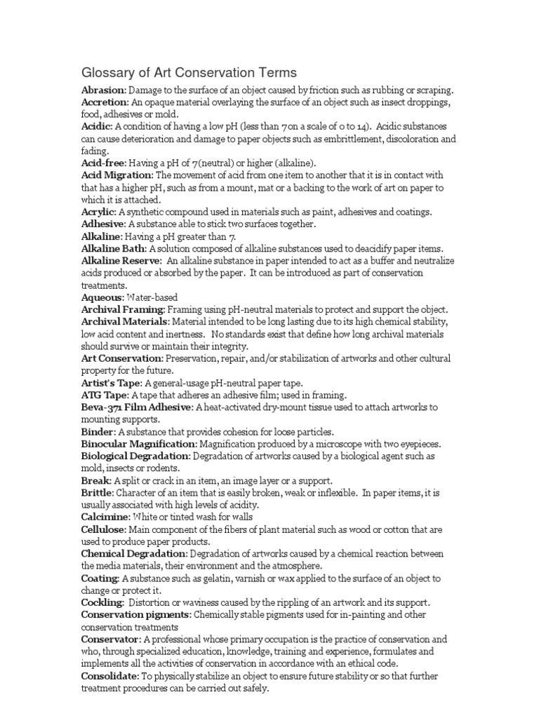 Glossary of Art Conservation Terms PDF Preservation (Library And