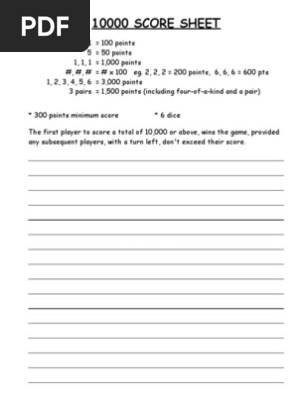 Printable Rules and Score Sheet for the Dice Game 10000 for 