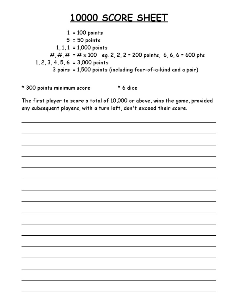 10000 Score Sheet