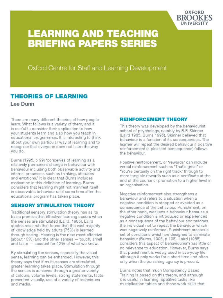 Learning Theories Pdf Reinforcement Learning Styles