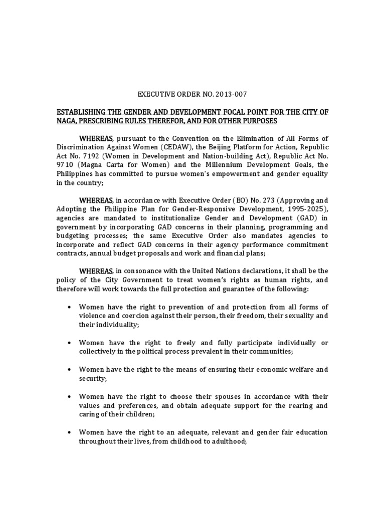 Executive Order No. 2013 007 GAD Download Free PDF Convention On The Elimination Of All