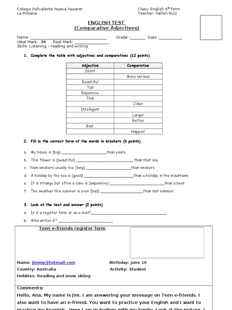 English Test on Comparative Adjectives | PDF | Languages