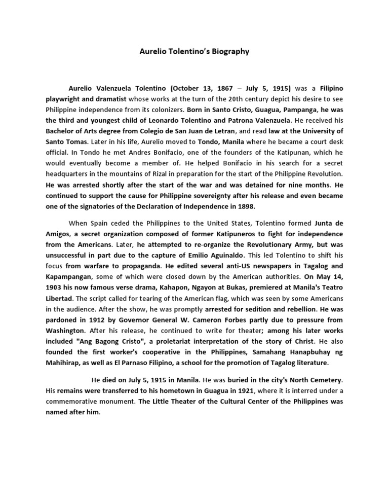 Aurelio Tolentino S Biography Pdf Decolonisation Philippines