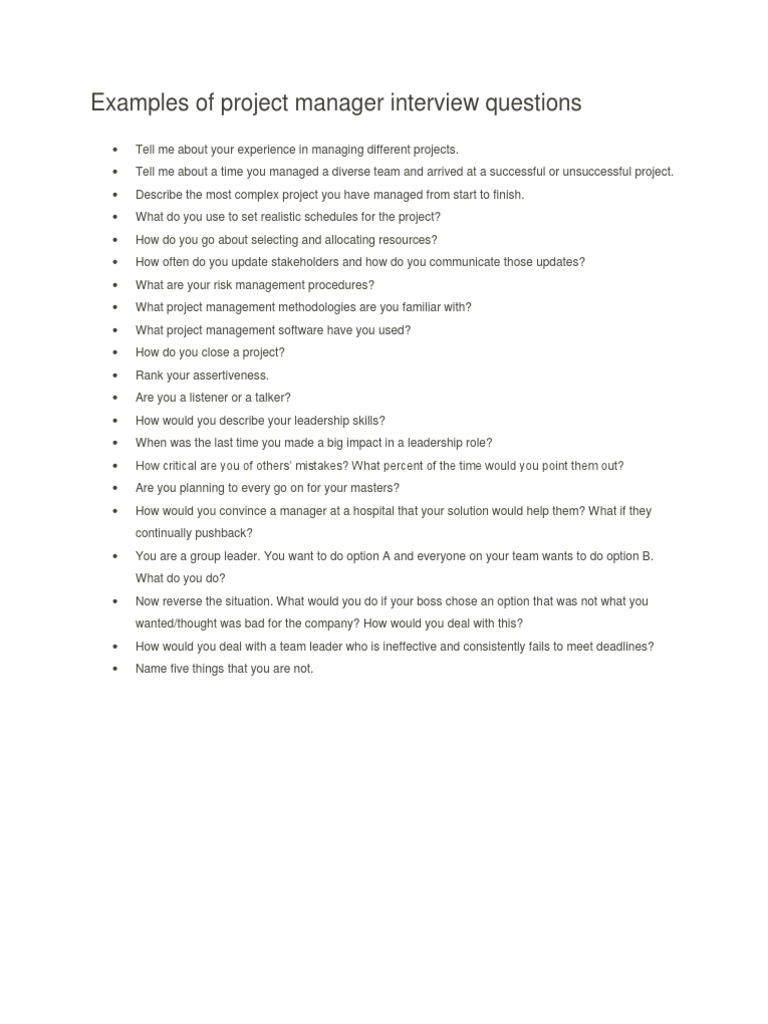 Examples of Project Manager Interview Questions | Project Manager ...