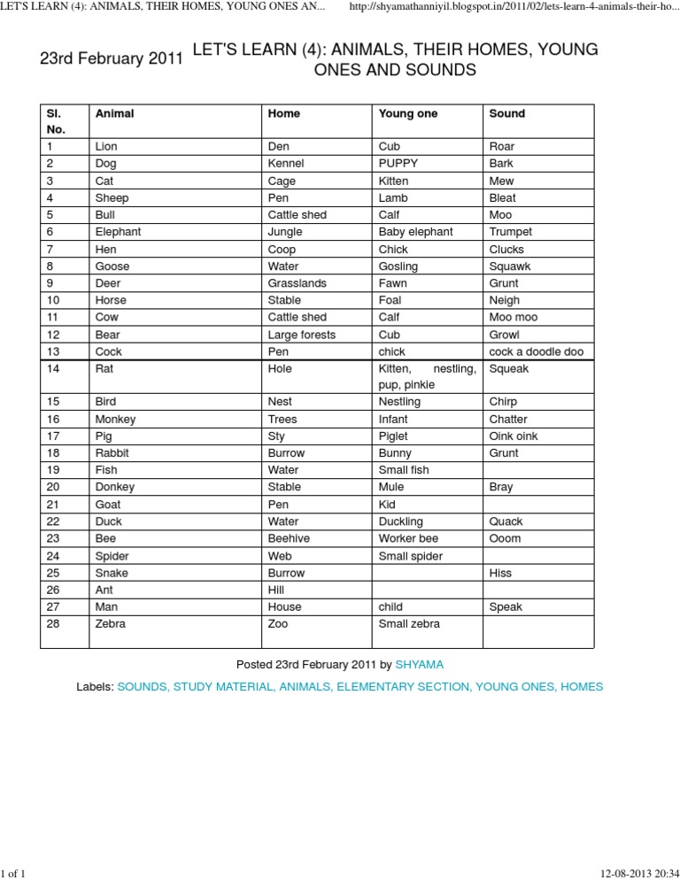Animals Their Homes Young Ones And Sounds Pdf Animals And Humans Organisms