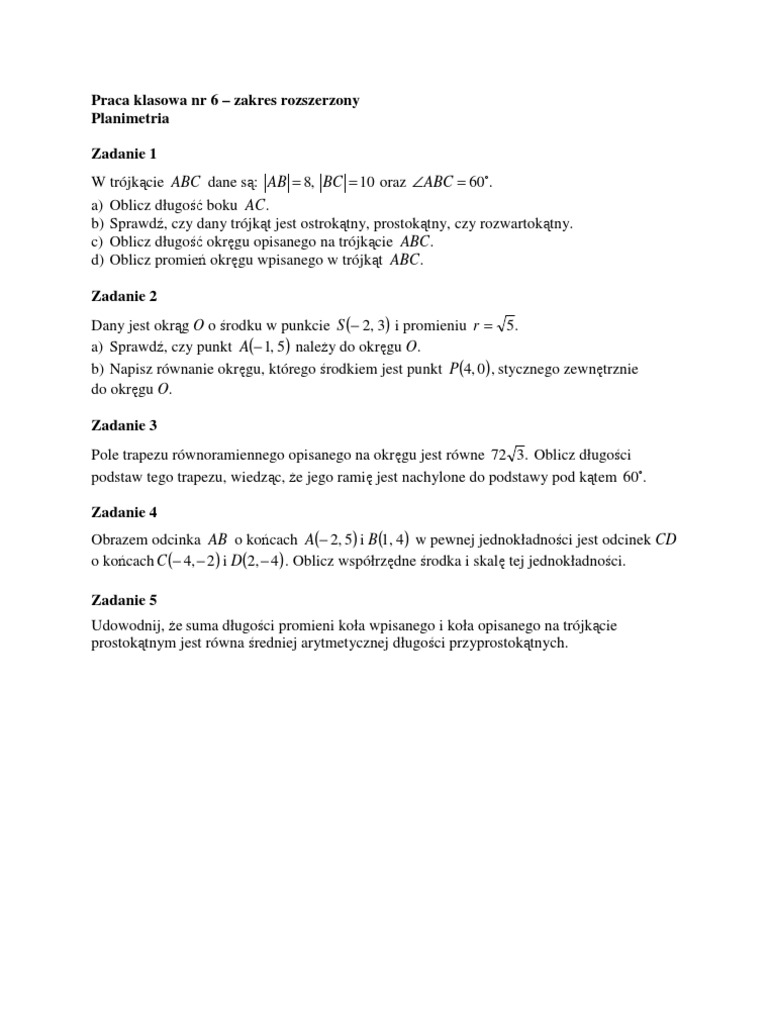 Planimetria Klasa 1 Liceum Sprawdzian Pdf