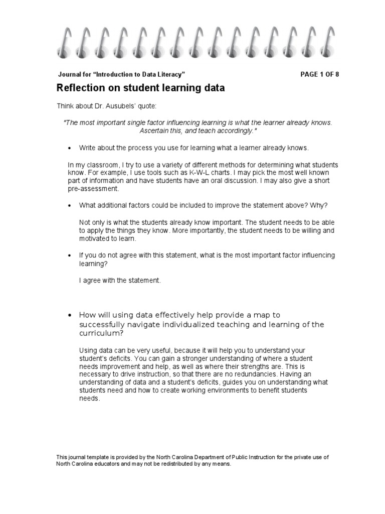 Data Literacy Journal Reflections | PDF | Educational Assessment | Learning