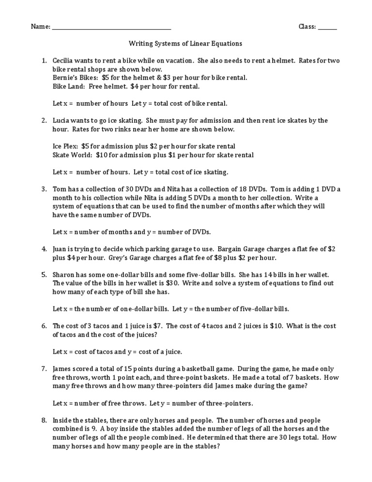 Writing Linear Systems Worksheet