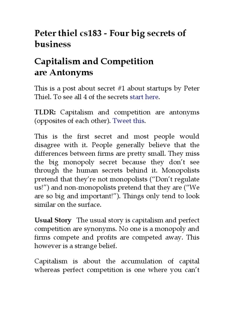 4 Big Secrets Peter Thiel Cs183 | PDF | Perfect Competition | Profit  (Economics)