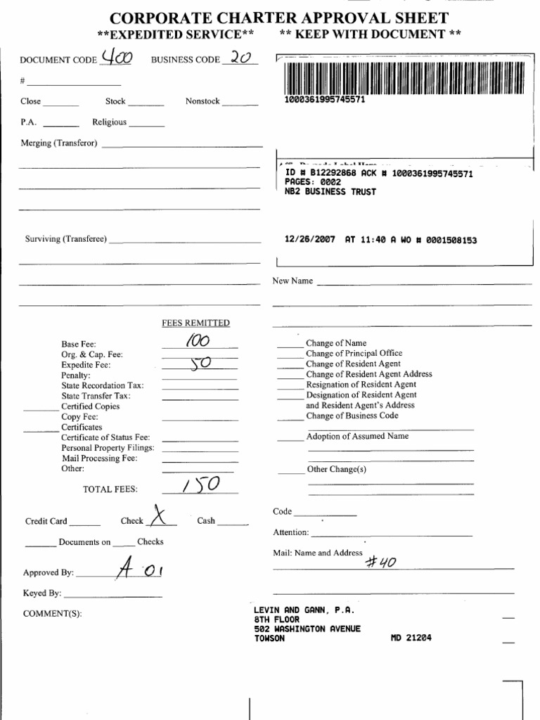 Corporate Charter Approval Sheet