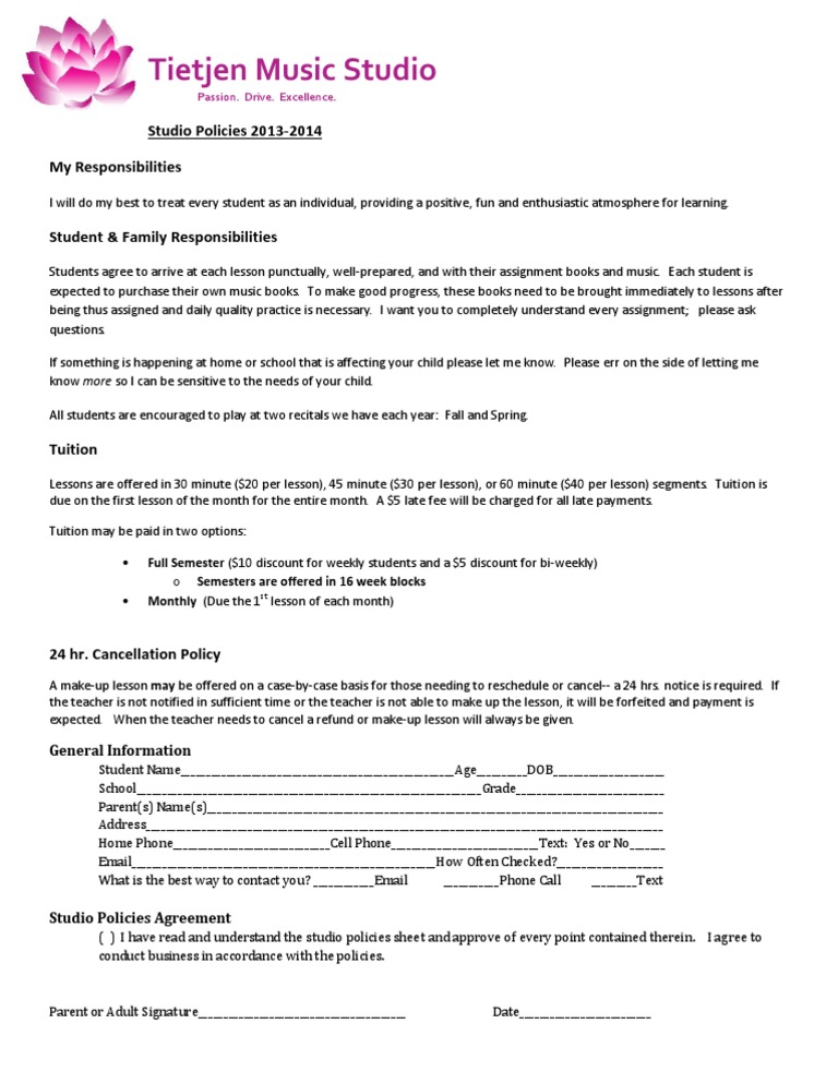 Tietjen Music Studio Policies 2013-2014 | PDF | Tuition Payments | Learning
