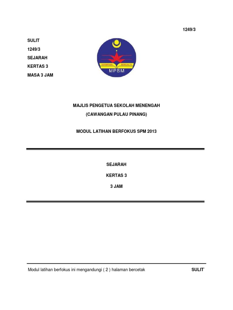 Soalan Modul Umum Latihan Berfokus Spm Sejarah Kertas 3 Majlis Pengetua Sekolah Menengah Cawangan Pulau Pinang Pdf