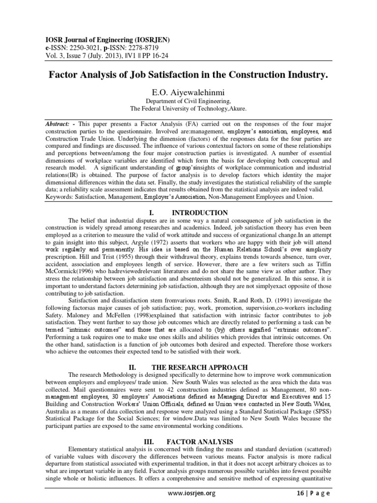 Factor Analysis of Job Satisfaction in The Construction Industry | PDF