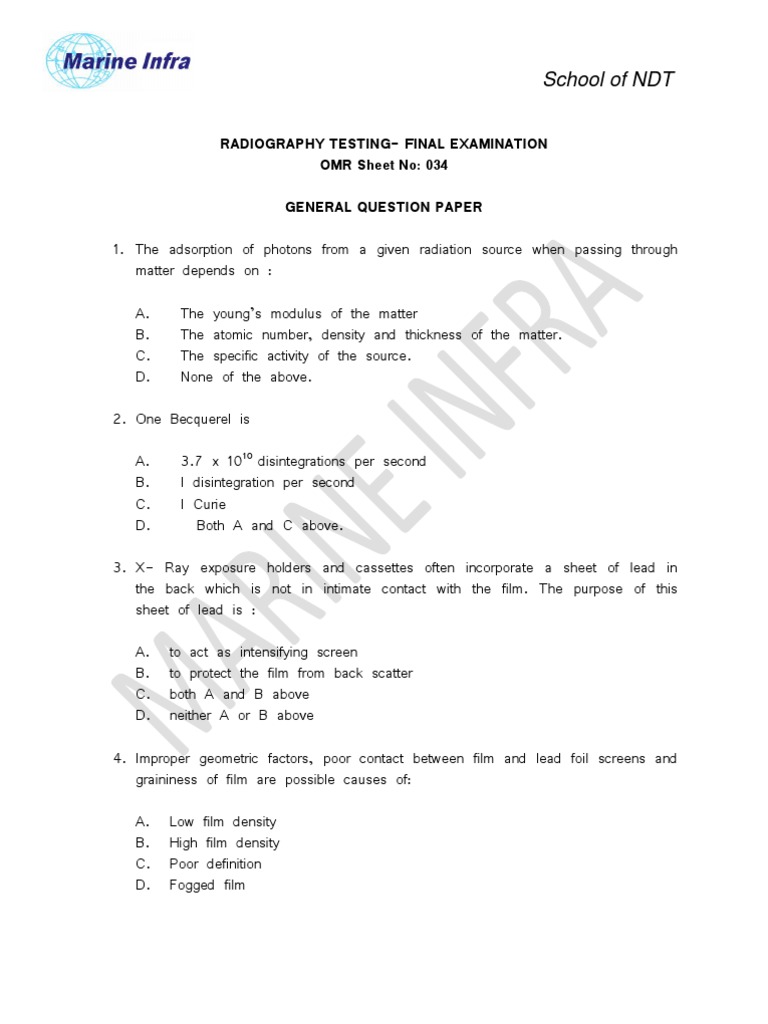 RT Exam Question Paper Radiography X Ray