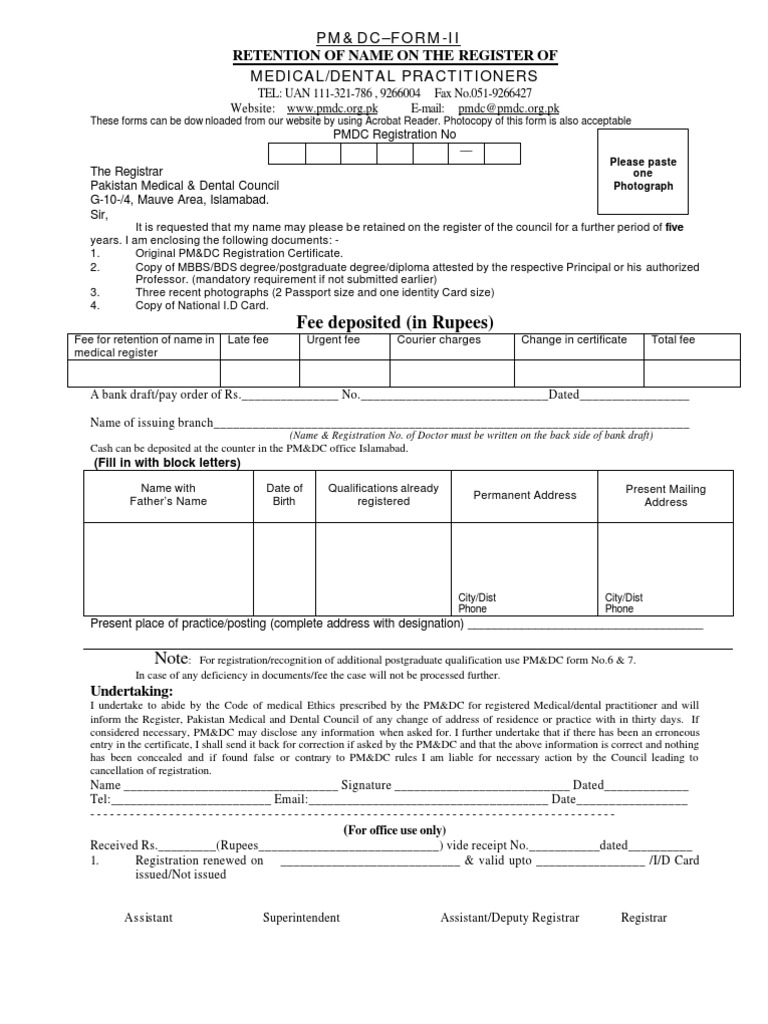 Pmdc Renewal Form Dental Degree Fee