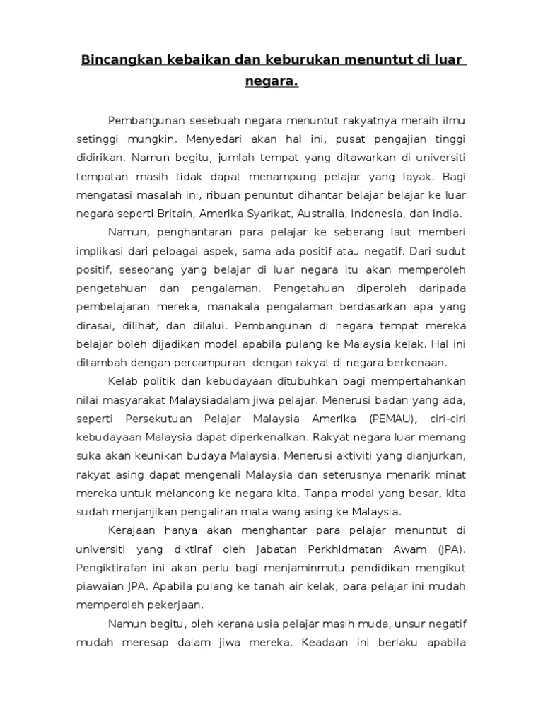 Bincangkan Kebaikan Dan Keburukan Menuntut Di Luar Negara Pdf