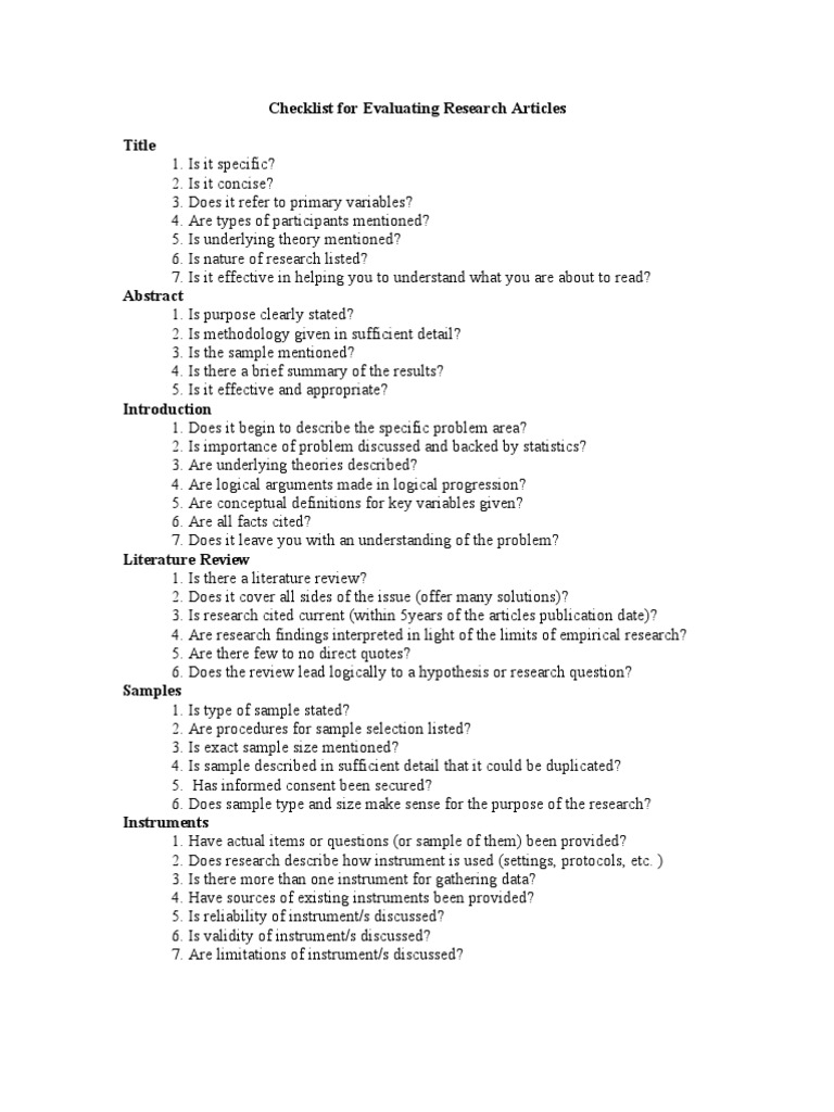 Research Article Evaluation Checklist | PDF | Academic Discipline ...