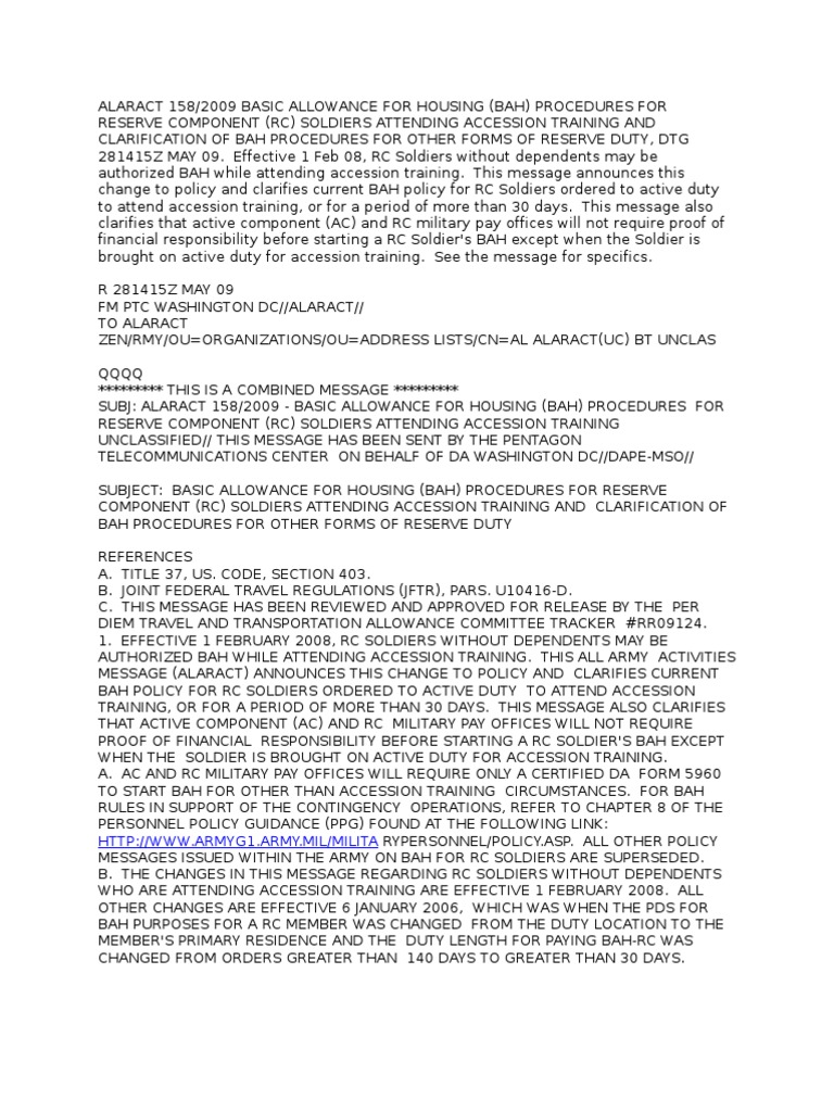 Army BAH Policy for RC Members in Initial Training Lease Mortgage Loan