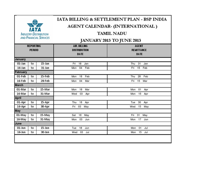 IATA BSP India Agent International Calendar for Tamil Nadu_2013