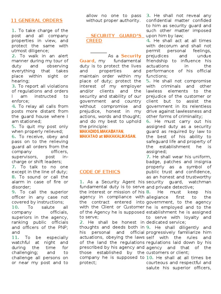 11 G O Code Of Ethics Conduct Security Creed Pdf Security Guard Justice