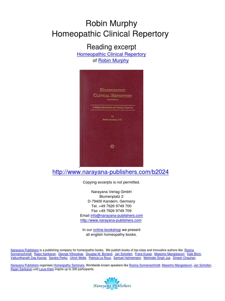 Robin Murphy Homeopathic Clinical Repertory Reading Excerpt PDF