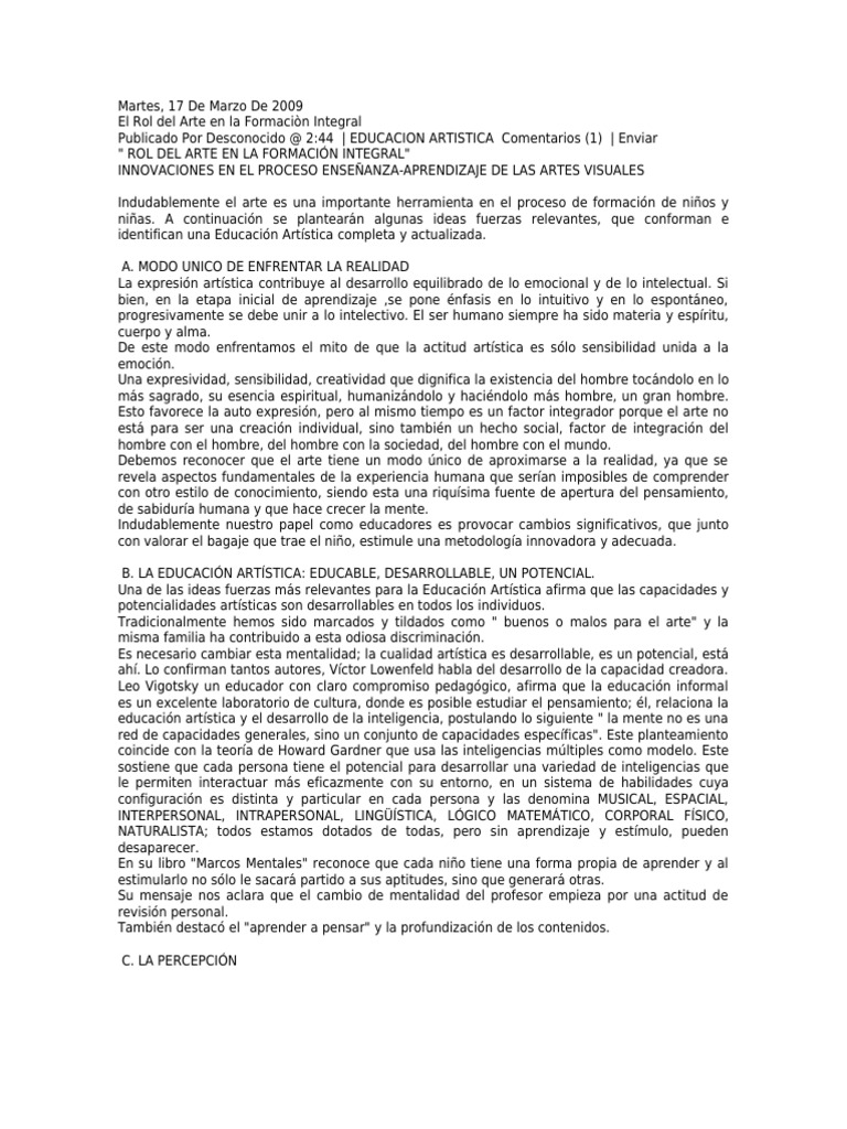 El Rol Del Arte en La Educación | PDF | Educación en artes visuales ...